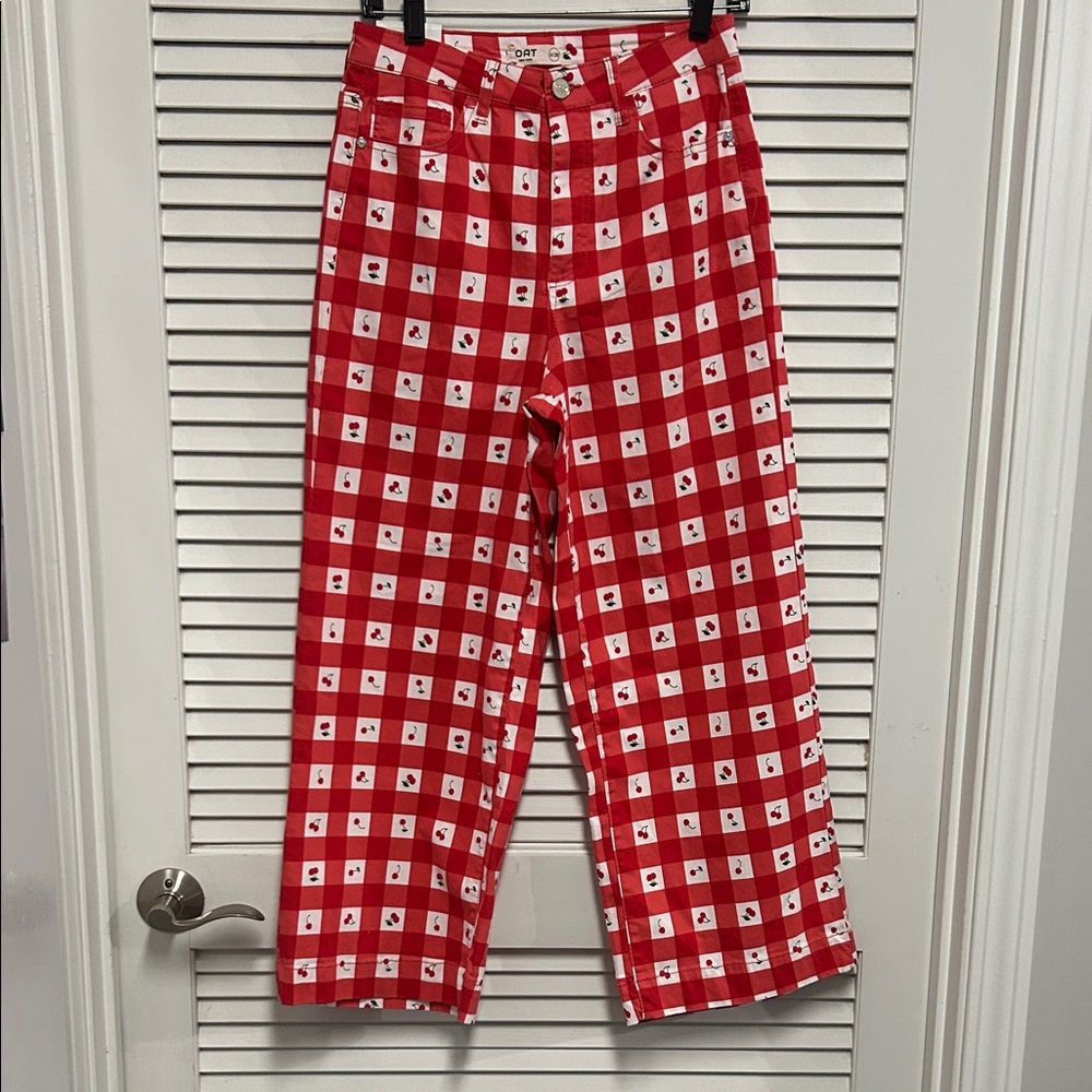 EUC Oat New York Red and White Gingham Cherries Jeans